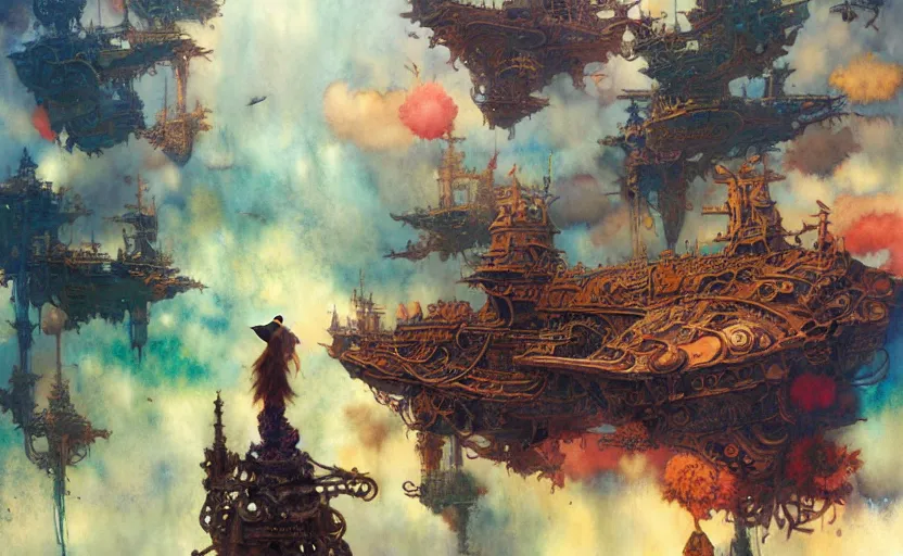 Image similar to airshps fleet, fantasy, steampunk. intricate, amazing composition, colorful watercolor, by ruan jia, by maxfield parrish, by marc simonetti, by hikari shimoda, by robert hubert, by zhang kechun, illustration, gloomy