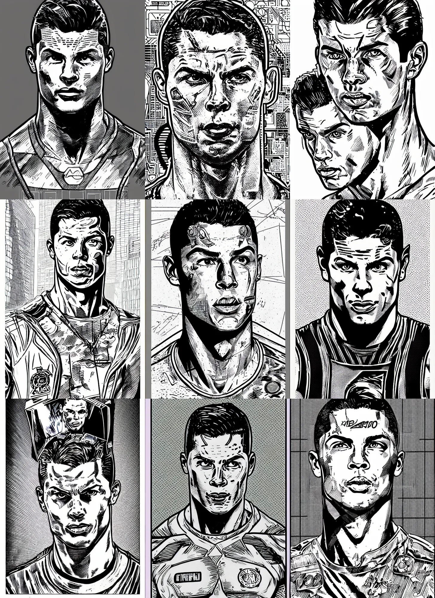 Prompt: christiano ronaldo portrait, cyberpunk 2 0 2 0 manual, by steampoweredmikej, inktober, ink drawing, black and white, coloring pages, manga, highly detailed