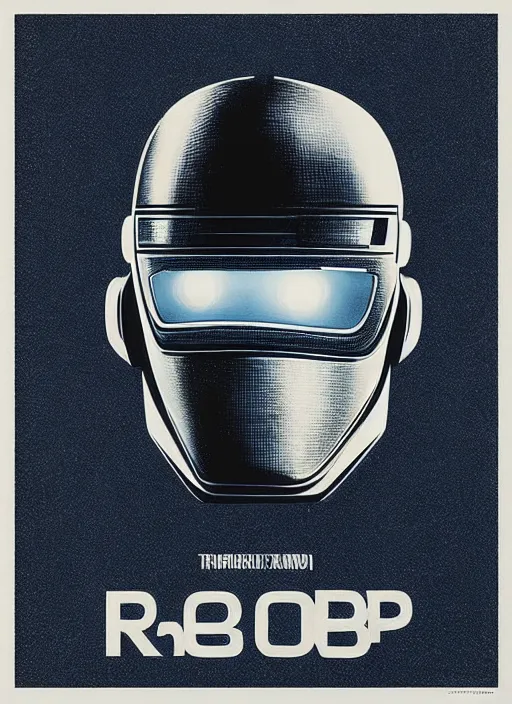 Image similar to A RoboCop movie poster by Paul Rand. Screen printed. Tritone blue, black, and silver. Printed on white paper. Paper texture