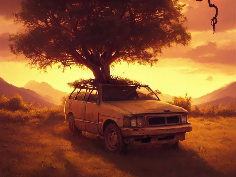 Image similar to low angle shot of tree growing inside scrap car in the foreground. overgrown. soft golden red sunset over the mountains in the background. clouds. detailed leaves. hyperrealistic, highly detailed, cinematic, beautiful, cgsociety, artstation, oil painting by greg rutkowski, by artgerm, by wlop