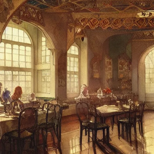 Prompt: a beautifull intricate watercolour painting of a dining room, reflexions, verry high details by william turner art, greg rutkowski and alphonse mucha, trending on artstation, very very detailed, masterpiece, muted colors