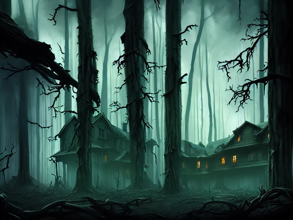 Prompt: A haunted house in the forest with broken trees around it, dramatic lighting, cinematic, establishing shot, high detail, cinematic lighting, post processed, 8k, concept art, artstation, matte painting, in the style of eddie mendoza, raphael lacoste, alex ross