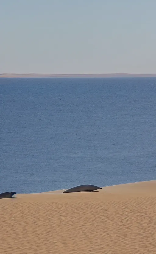 Prompt: blue whales in sand dunes, photography