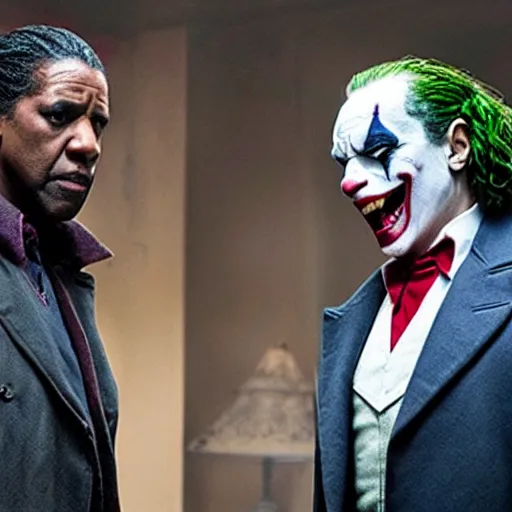 Image similar to film still of Denzel Washington, Denzel Washington, Denzel Washington as joker in the new Joker movie