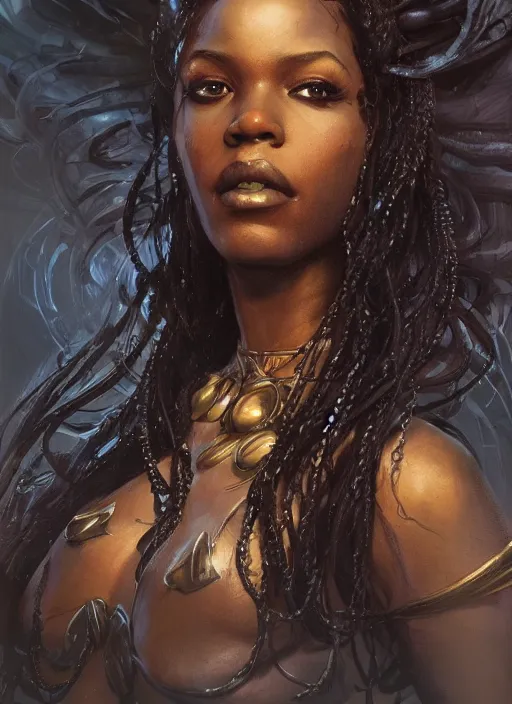 Image similar to Portrait of black mermaid, marvel comics, dark, intricate, highly detailed, smooth, artstation, digital illustration by Ruan Jia and Mandy Jurgens and Artgerm and Wayne Barlowe and Greg Rutkowski and Frank Frazetta