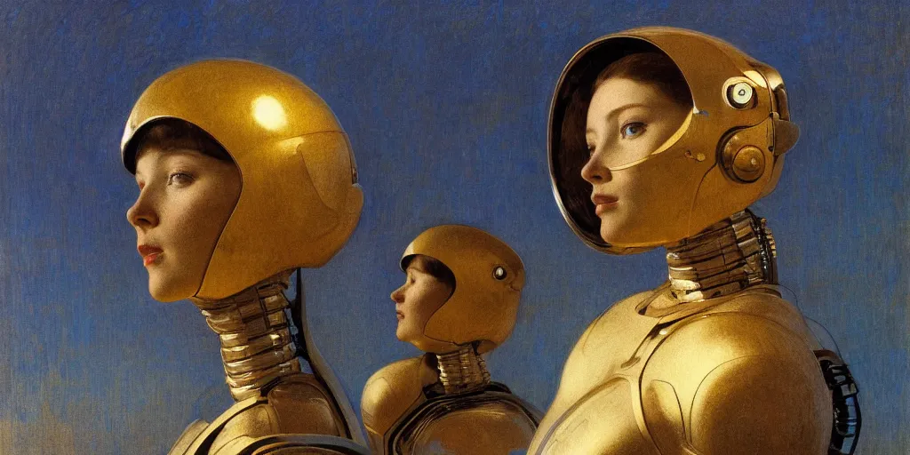 Prompt: portrait of a beautiful chrome female robot wearing a space helmet, reflections, mirroring, warm azure tones, heavy lensflare, color bleed, film grain, depth of field, jules bastien - lepage, rudolph belarski, johfra bosschart, alexandre cabanel