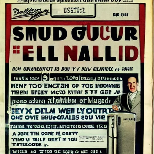 Prompt: Saul Goodman advertising a fridge, 1940s newspaper style