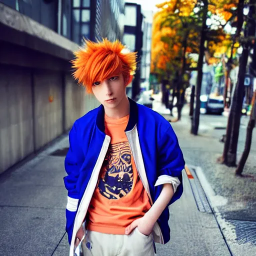 Image similar to orange - haired anime boy, 1 7 - year - old anime boy with wild spiky hair, wearing blue jacket, shibuya street, bright sunshine, strong lighting, strong shadows, vivid hues, sharp details, subsurface scattering, intricate details, hd anime, high - budget anime movie, 2 0 1 9 anime