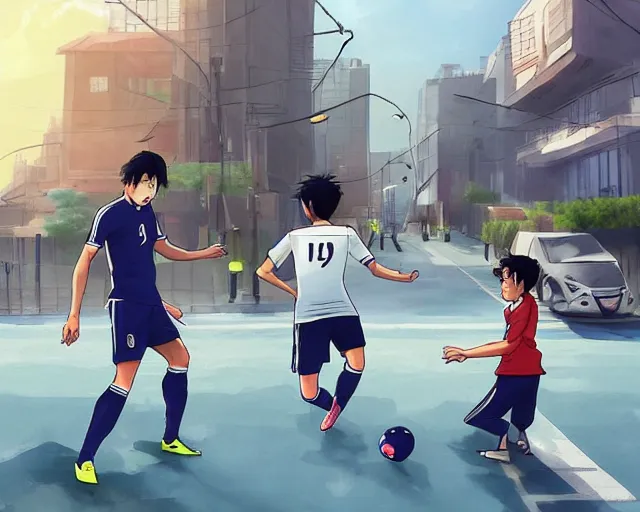 Image similar to harry kane and son heung-min playing soccer in the streets of beijing, slice of life anime, lighting, anime scenery by Makoto shinkai