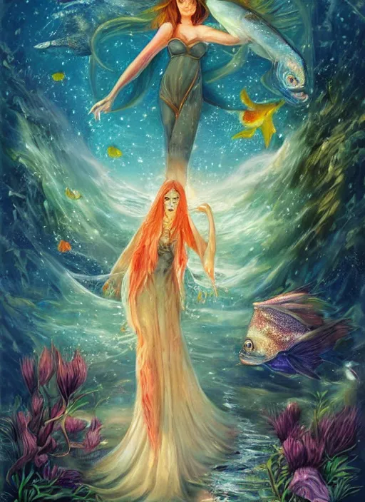 Prompt: fantasy art, animal conceptual artwork, woman with giant fish, surreal painting, illustration dream and imagination concept, mystery of nature,