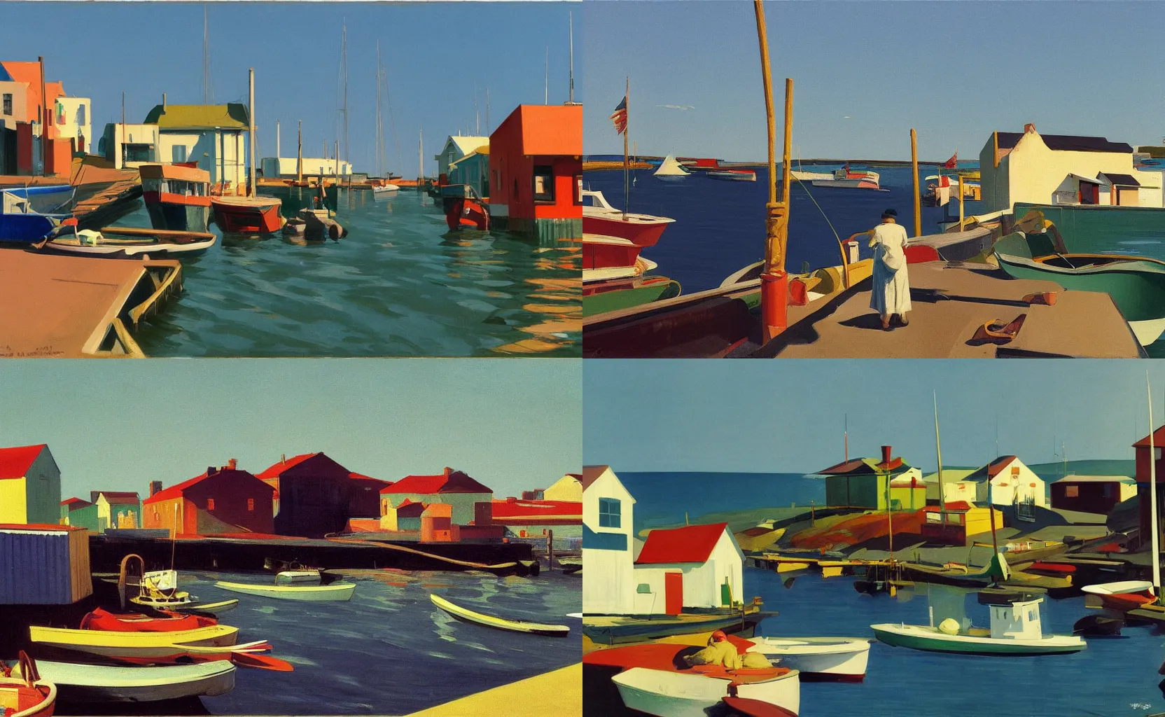 Prompt: a small fishing village by the portside, painting by Syd Mead, Edward Hopper and William Eggleston