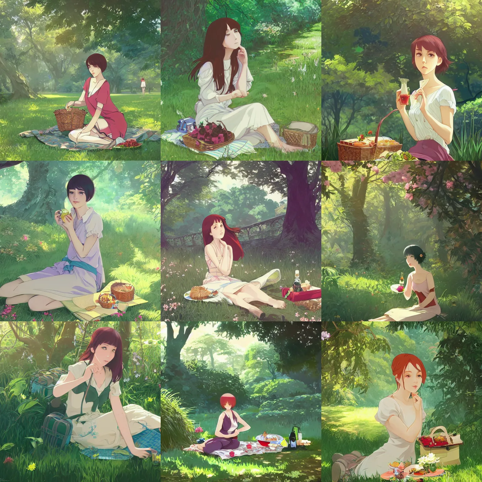 Prompt: woman having a picnic in a lush park, finely illustrated face, highly detailed, digital painting, studio ghibli key visual, in the style of ilya kuvshinov and krenz cushart and alphonse mucha