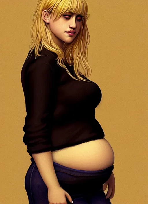 Image similar to full body portrait, teenage lili reinhart, blonde hair, obese, bangs, ponytail, sultry, realistic, sultry smirk, fluffy bangs, curly bangs, fat, belly, intricate, elegant, highly detailed, digital painting, artstation, concept art, smooth, sharp focus, illustration, art by wlop, mars ravelo and greg rutkowski