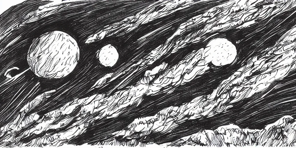 Image similar to ink lineart drawing of a shooting star towards a planet, comet, wide angle, seen from space, artstation, etchings by goya, chinese brush pen, illustration, high contrast, deep black tones contour