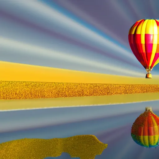 Image similar to A 3D render of a rainbow colored hot air balloon flying above a reflective lake