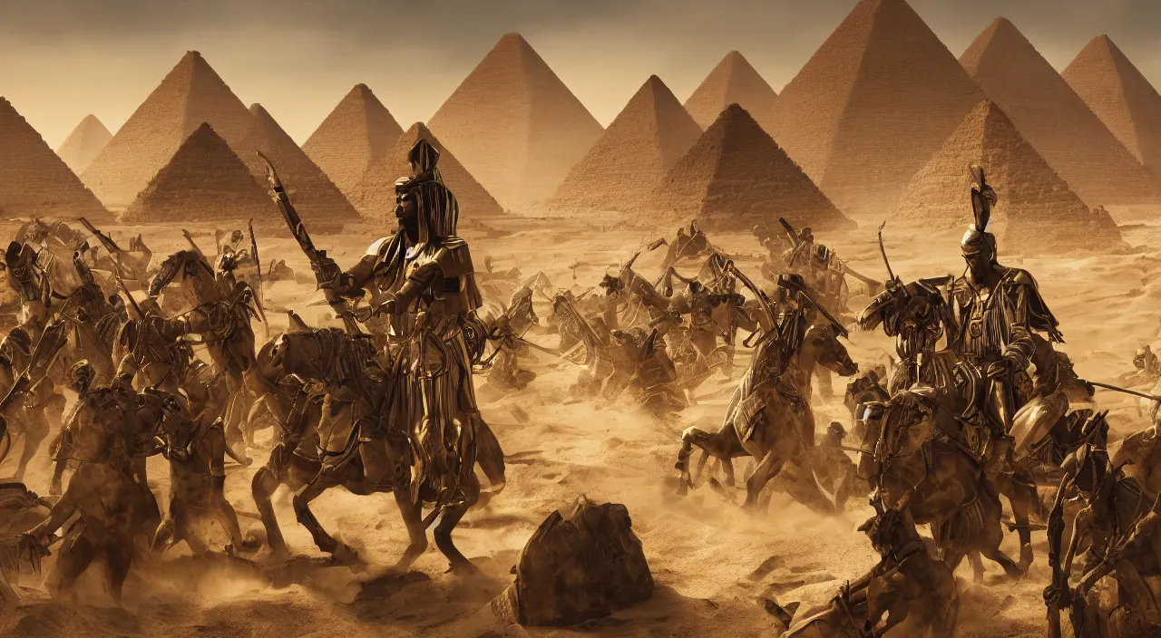 Image similar to the emperor of egypt commanding his sand soldiers to fight for him, large scale, breathtaking, mixed media, digital art, trending on artstation, 8k, epic composition, highly detailed, AAA graphics