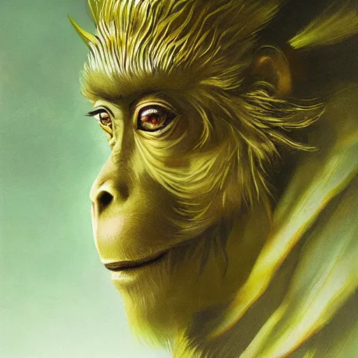 Image similar to monkey king of the mountains, gold and green, portrait, by Anato Finnstark, Tom Bagshaw, Brom