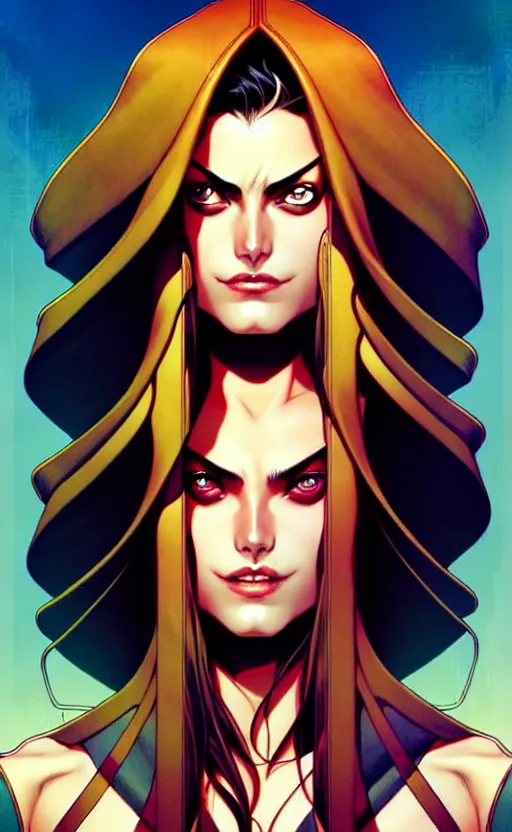 Image similar to artgerm, joshua middleton comic cover art, pretty pirate phoebe tonkin smiling, full body, symmetrical eyes, symmetrical face, long curly black hair, on a pirate ship background, warm colors