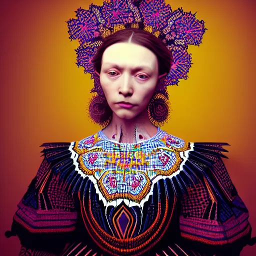 Prompt: Colour Caravaggio style full body portrait Photography of Highly detailed beautiful Woman wearing detailed Ukrainian embroidery folk costume designed by Taras Shevchenko with 1000 years perfect face wearing highly detailed retrofuturistic VR headset designed by Josan Gonzalez. Many details In style of Josan Gonzalez and Mike Winkelmann and andgreg rutkowski and alphonse muchaand and Caspar David Friedrich and Stephen Hickman and James Gurney and Hiromasa Ogura. Rendered in Blender and Octane Render volumetric natural light