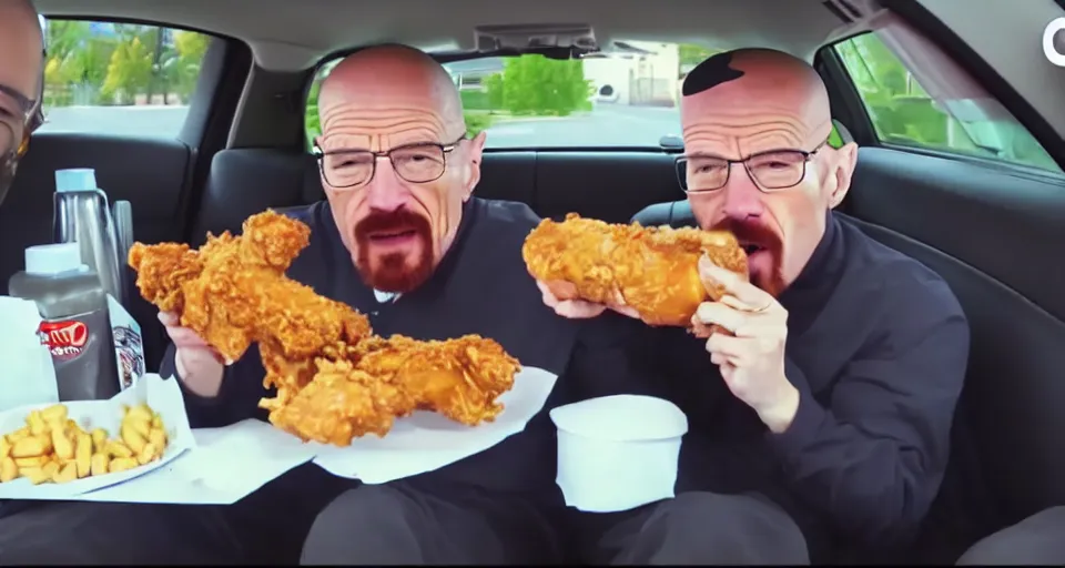 Prompt: walter white mukbang inside car, youtube video screencap, GREASY!!!!! 'dripping grease'!!!! messy, gross!! eating fried chicken, greasy face stuffed with chicken, double chin, real, fat, detailed, 4k