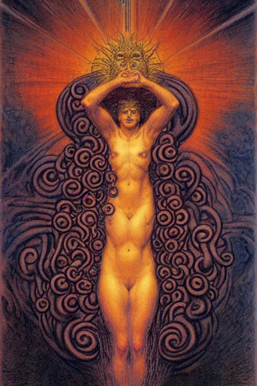 Image similar to the face of the black hole sun, in the style of gustav moreau, jean delville,  Gaston Bussiere and wayne barlowe composition by austin osman spare