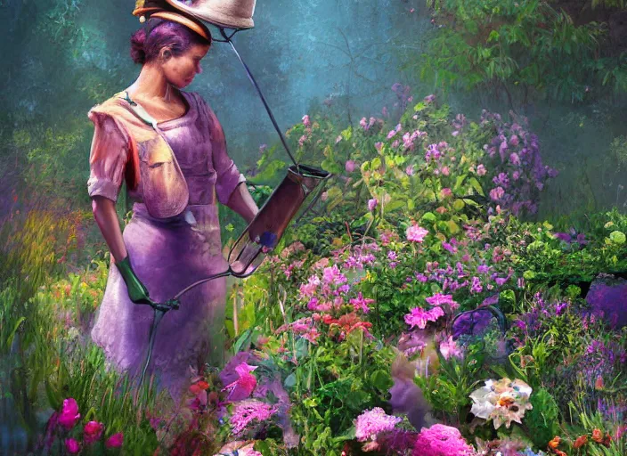 Prompt: a woman with a miner ’ s lamp on her head tending her garden at midnight, digital art, cgsociety, night like colours, garden full of flowers