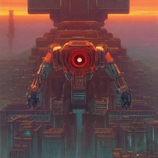 Prompt: giant mayan cyberpunk mecha with flaming eyes standing over city, perfectly clear face, shadow of the colossus screenshot by j. c. leyendecker, simon stalenhag, studio ghibli, and beksinski