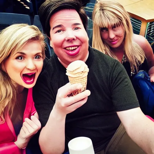 Image similar to Michael Mcintyre sitting next to a blonde woman eating ice creams & taking a selfie