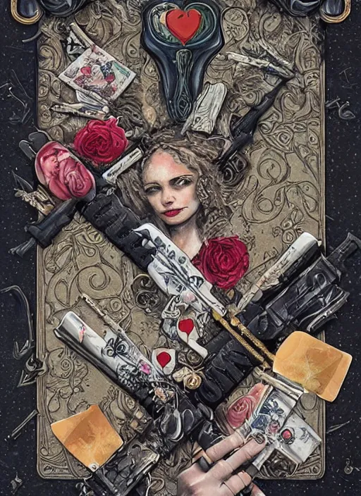 Image similar to tarot card :: horror :: hearts and roses :: aliens and sea :: cigarettes and smoke :: gold and silver :: guns and swords :: highly details :: intricate details :: Sandra Chevrier and bastien lecouffe deharme