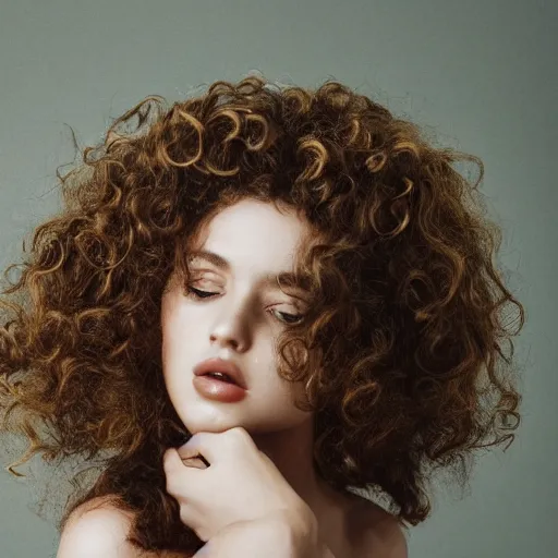 Image similar to a photo of a beautiful woman with curly hair, dreamy, nostalgic, fashion editorial, studio photography, magazine photography, earth tones