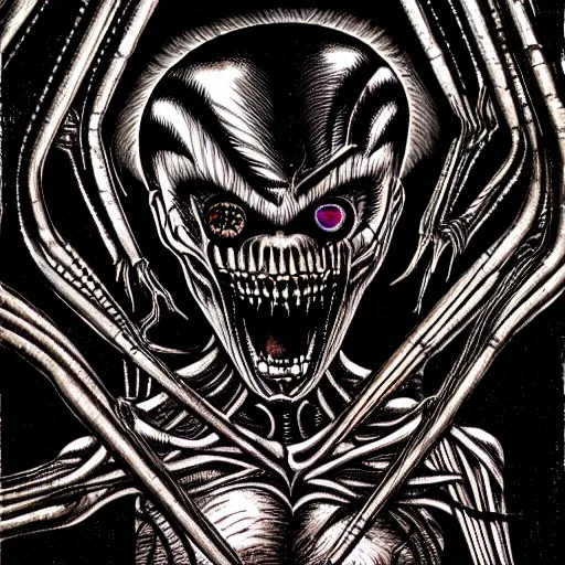 Image similar to a dark humanoid, hyper detailed, in the style of h. r. giger and junji ito and h. r. giger and junji ito, selfie