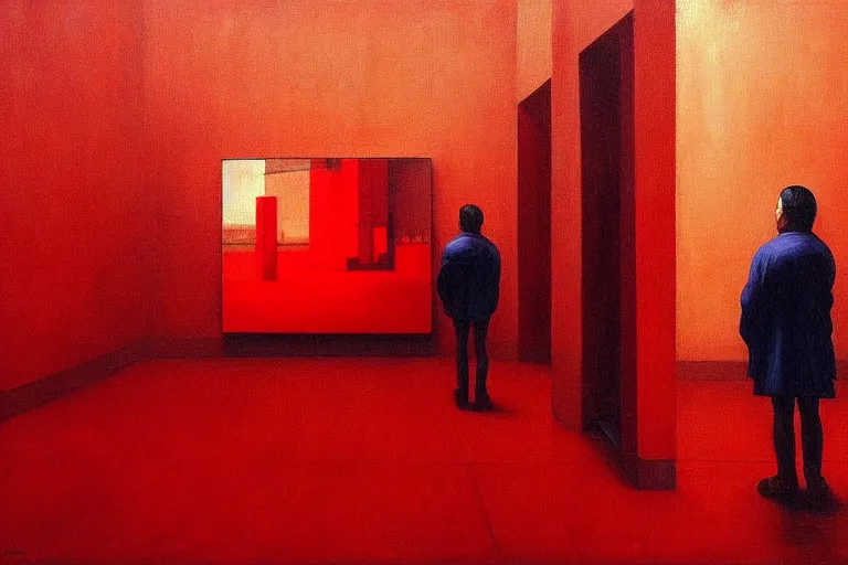 Image similar to only with red, crowd delirious at the sight of a painting, in a city square, in the style of beksinski, parts by edward hopper, parts by rodcenko, parts by yue minjun, intricate and epic composition, red by caravaggio, insanely quality, highly detailed, masterpiece, red light, artstation, 4 k