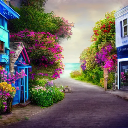 Image similar to by the seaside town street, digital painting, bloom, hyperrealistic, photo