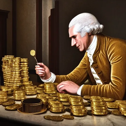 Image similar to a closeup photorealistic photograph of a happy George Washington inspecting small gold Doubloon coins at his home on Cherry Street. This 4K HD image is Trending on Artstation, featured on Behance, well-rendered, extra crisp, features intricate detail and the style of Unreal Engine.