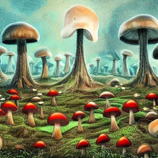 Prompt: drawing of a mushroom city in the middle of the forest, high details, godrays, 4k