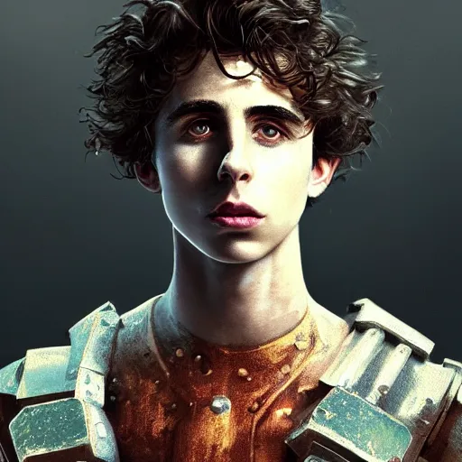 Image similar to thimothee chalamet portrait, dystopia core, apocalyptic, armor, warrior, dramatic, sharp focus, fiction, neon, fantasy, hyper detailed, digital art, trending in artstation, cinematic lighting, studio quality, smooth render, unreal engine 5 rendered, octane rendered, art style and nixeu and wlop and krenz cushart