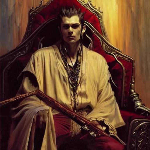 Image similar to perfectly centered portrait of attractive vampire king in a robe sitting on a throne of bones, highly detailed painting by gaston bussiere, craig mullins, j. c. leyendecker, 8 k