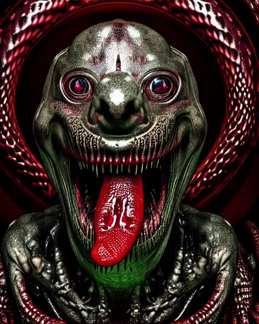 Image similar to realistic long textured tongue demon wet humanoid alien, smoke, mouth in mouth, large alien eyes, metallic reflective fangs dripping greenish acid saliva, thin red veins, intricate grey snake scales ornate skin, cinematic light shadows, reflections, crawling in a wet sewer pipe, dim flashlight lighting, insanely detailed