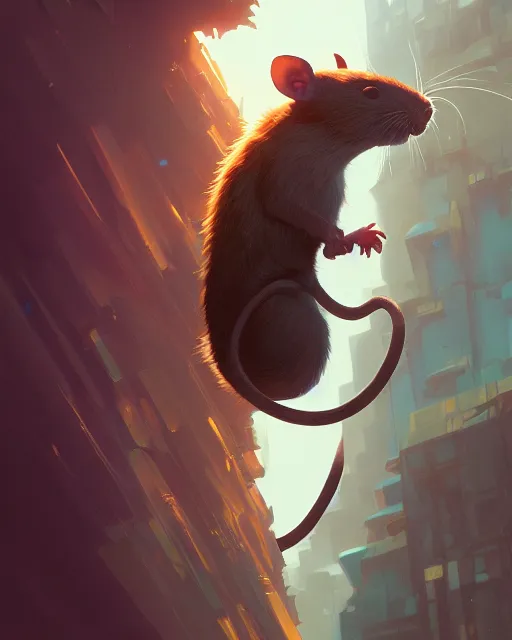 Image similar to highly detailed vfx portrait of a rat, unreal engine, greg rutkowski, loish, rhads, beeple, makoto shinkai and lois van baarle, ilya kuvshinov, rossdraws, tom bagshaw, alphonse mucha, global illumination, detailed and intricate environment