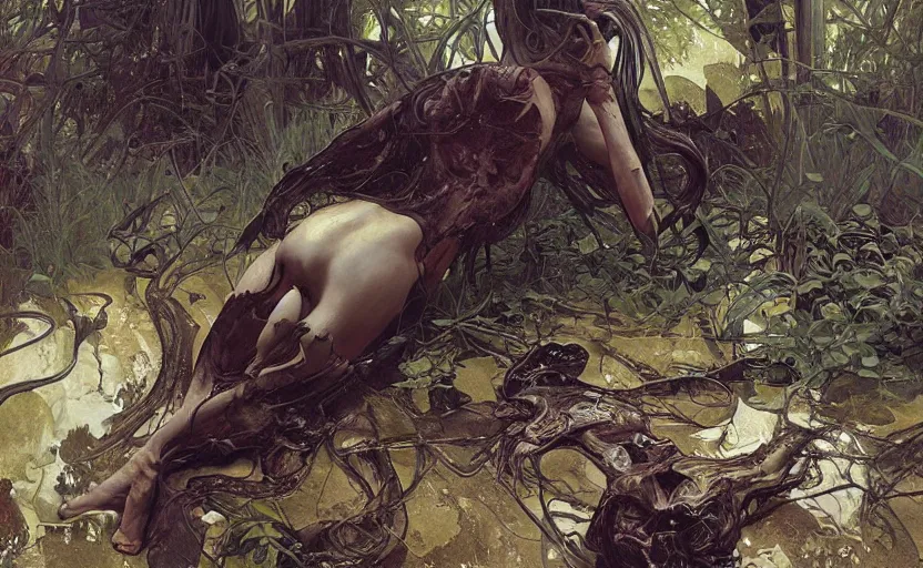 Image similar to digital painting of ovni crash swamp wasteland, alien body parts on the floor, elegant artwork by lee bermejo and greg rutkowski and alphonse mucha