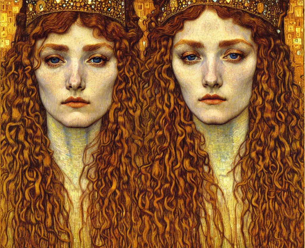 Image similar to detailed realistic beautiful young medieval queen face portrait by jean delville, gustav klimt and vincent van gogh, art nouveau, symbolist, visionary, gothic, pre - raphaelite, muted earthy colors, desaturated