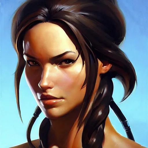 Image similar to greg manchess portrait painting of partially armored lara croft as overwatch character, close - up shot, asymmetrical, profile picture, organic painting, sunny day, matte painting, bold shapes, hard edges, street art, trending on artstation, by huang guangjian and gil elvgren and sachin teng