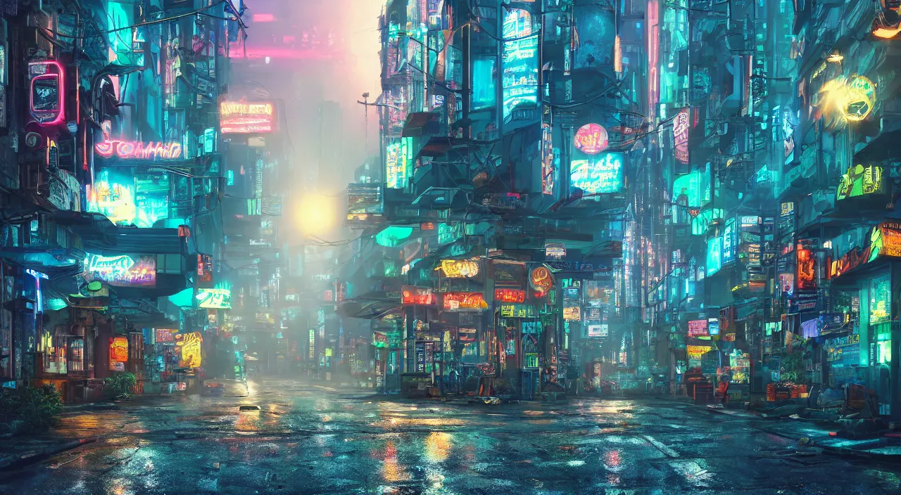 Image similar to Cyberpunk street at night, suns rays, rain, lush vegetation, junk everywhere, neon signs, magical atmosphere, mist, photo realistic, 35mm, octane render, 8k, guido borelli da caluso