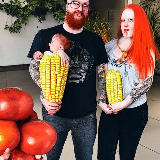 Prompt: photo of a slender attractive couple. The woman has long straight red orange hair. The man has a dark thick neatly groomed beard and tattoos. They are holding a giant corn and a cute baby.