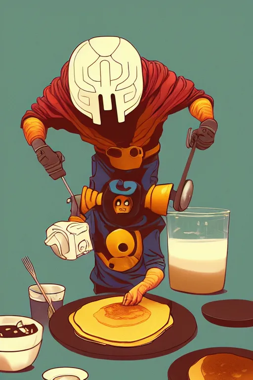 Image similar to mf doom making pancakes, animation pixar style, pendleton ward, magali villeneuve, artgerm, rob rey and kentaro miura style, golden ratio, behance, trending on art station