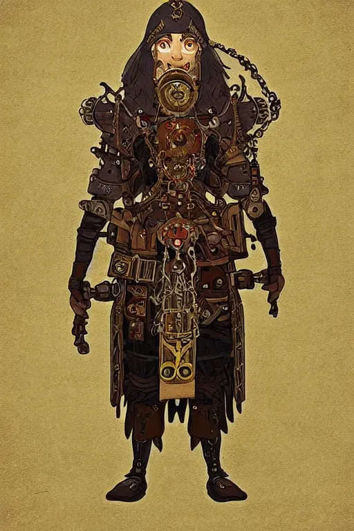 Prompt: beautiful calm bright ai generated fullbody character illustration of a very old timetraveller highpriest in ornated wooden armor and decorated sacred outfit and heavily equipped with steampunk cyberwares. rendered by machine.delusions. inspired by: @machine.delusions on instagram. Slightly reminds to ghibli studio style. Fullbody portrait uncut centered cinematic, dramatic pose medieval combined with steampunk