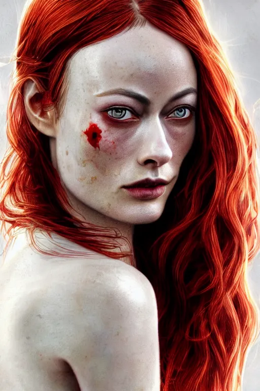 Image similar to pale woman covered with blood, olivia wilde face!!!, red hair, skeleton tattoo!, close up portrait, highly detailed face, ultra realistic, concept art, intricate details, 4 5 mm. photorealistic, octane render, 8 k, unreal engine. film still, heavy grain, 3 5 mm, art by artgerm and greg rutkowski and alphonse mucha