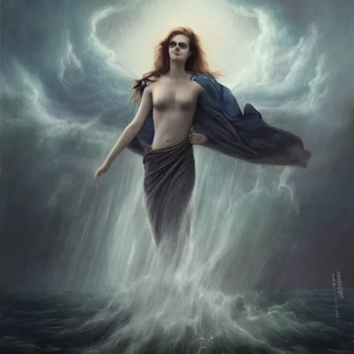 Prompt: emma watson bowing before a hurricane, summoning a storm to wipe louisiana off the map, dramatic sorcery, stormcaller, art by tom bagshaw