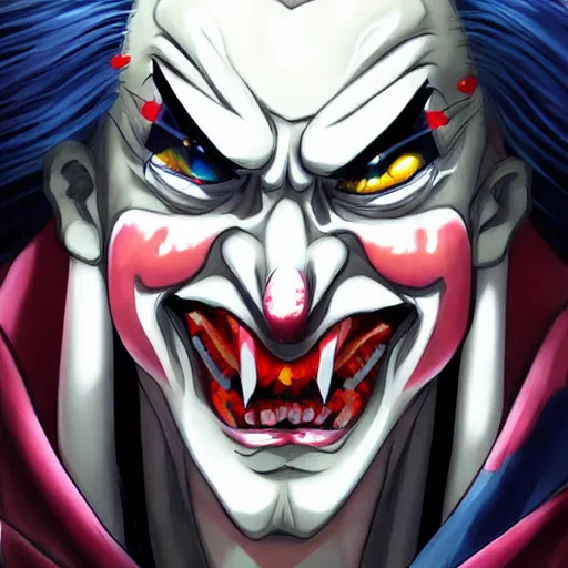 Image similar to portrait of alucard as a clown, anime fantasy illustration by tomoyuki yamasaki, kyoto studio, madhouse, ufotable, trending on artstation