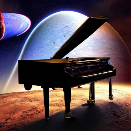 Image similar to an astronaut playing piano on jupiter. cyberpunk digital art, very beautiful, high quality, high resolution